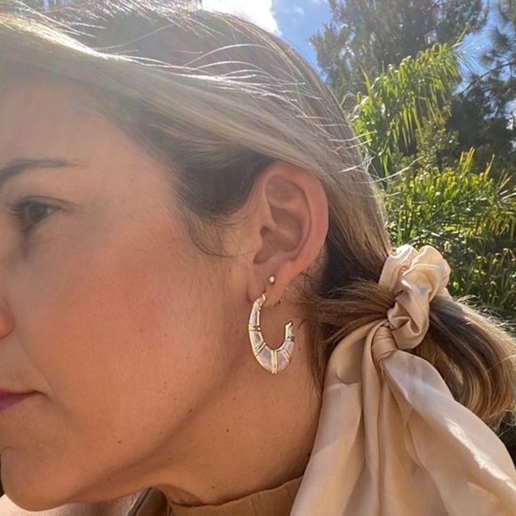 Gold Filled Mother of Pearl Statement Hoops - Picture 6 of 10